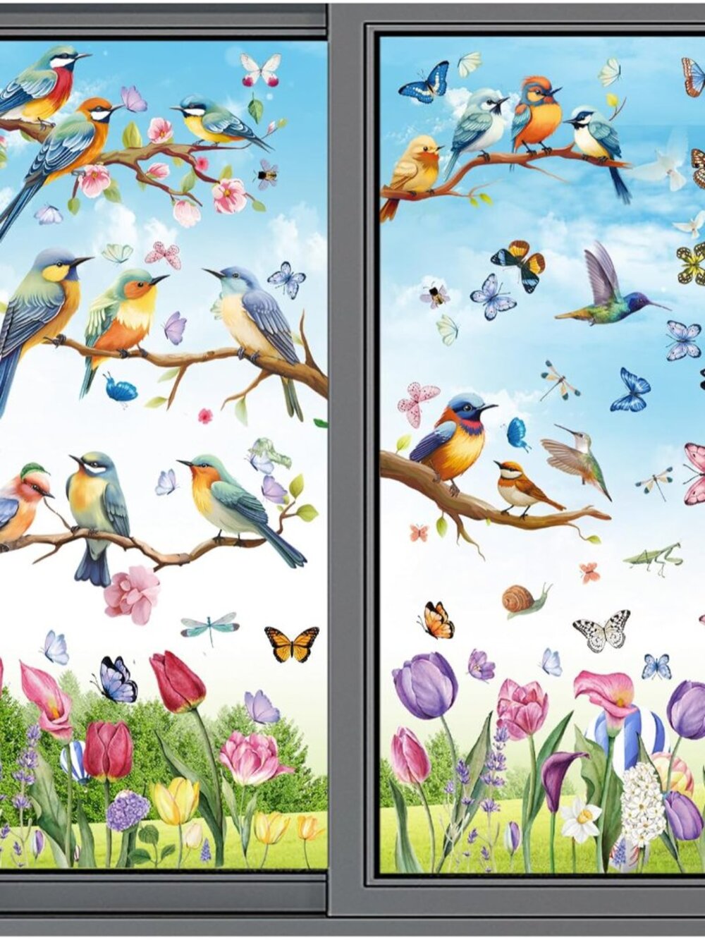 Spring Window Cling Sticker - 78PCS Tulip Butterfly Flower Hummingbirds Window D